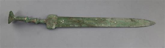 A Chinese wire inlaid bronze sword, Warring States style, 42.5cm handle repaired